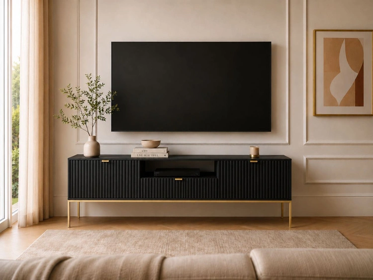 TV-Lowboard mit Schublade und Türen Amber Schwarz, Gold Frame