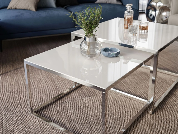 Couchtisch auf verchromtem Gestell mit Glasplatte Asumi Weiß 39x45