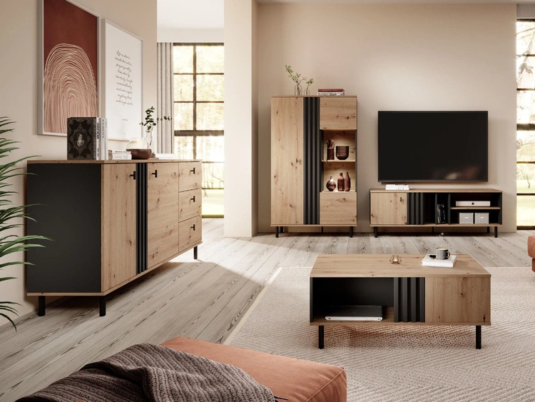 TV-Lowboard mit Türen Malone Artisan Eiche, Schwarz