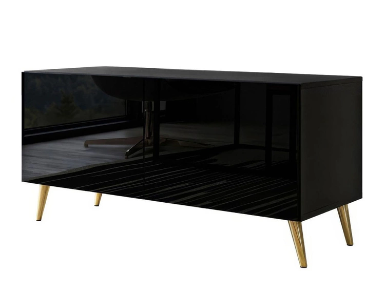 TV-Lowboard mit Türen und LED-Beleuchtung auf Goldenen Metallbeinen 100 cm Noaé Schwarz Hochglanz