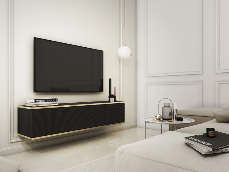 TV-Lowboard Hänge mit Türen 135 cm Diolo Schwarz mit geriffelter Vorderseite