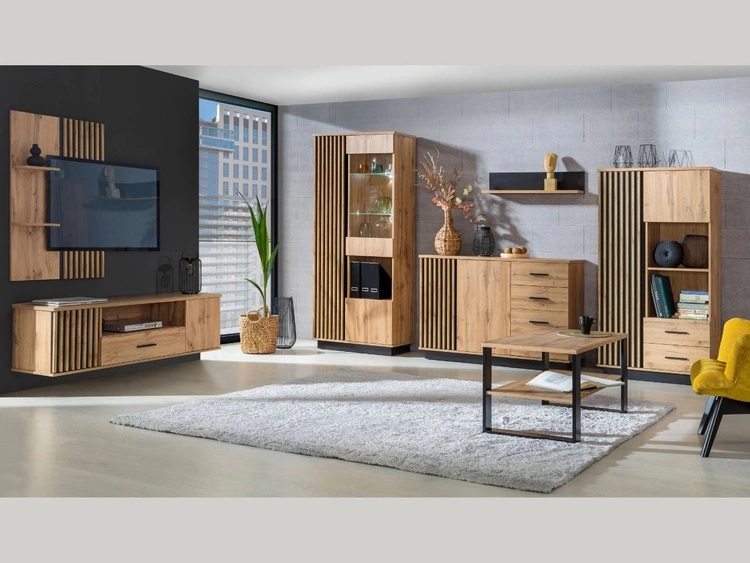 Zweitüriger Standvitrinenschrank mit LED-Beleuchtung Lavore Wotan Eiche, Schwarz matt