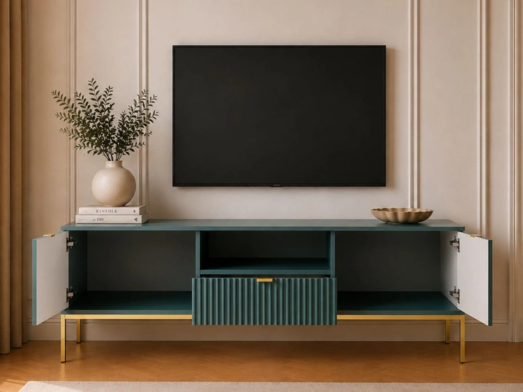 TV-Lowboard mit Schublade und Türen Amber Grün, Gold Frame