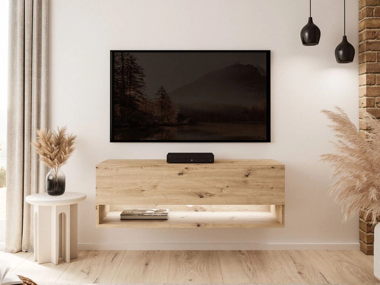 Hänge TV-Schrank 90 cm für Wohnzimmer mit LED-Beleuchtung Aurelie Artisan Eiche