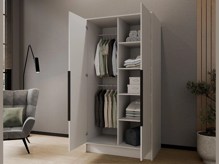 Kleiderschrank mit Spiegel 100 cm Lucca Weiß mit schwarzen Griffen