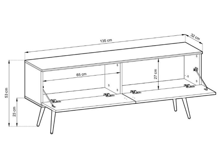 TV-Lowboard mit Türen 135 cm Diolo Schwarz mit geriffelter Vorderseit auf goldenen Beinen