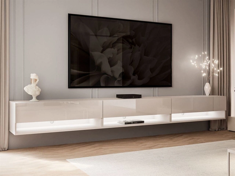 Hänge TV-Schrank 270 cm für Wohnzimmer mit LED-Beleuchtung Aurelie Kaschmir Hochglanz
