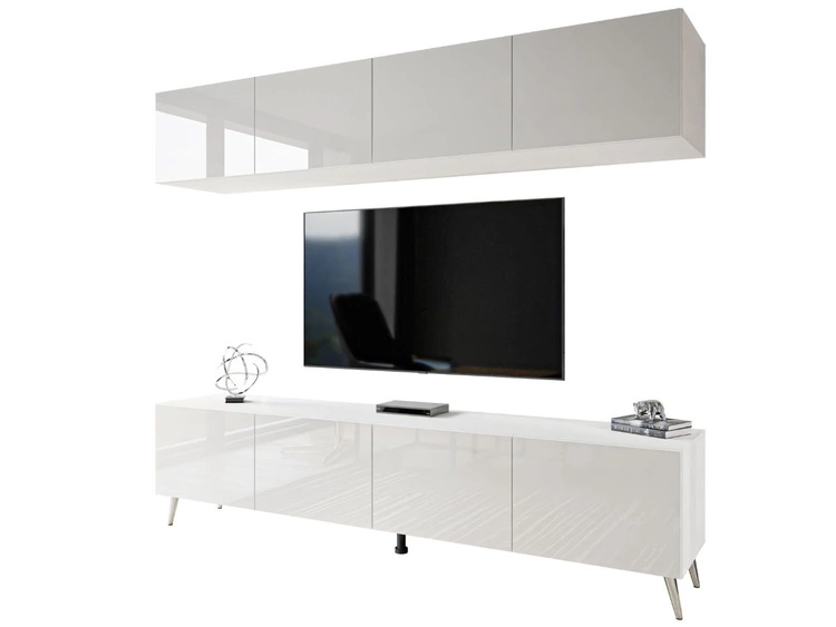 Wohnwand für das Wohnzimmer auf Silbernen Metallbeinen Noaé Weiß Hochglanz