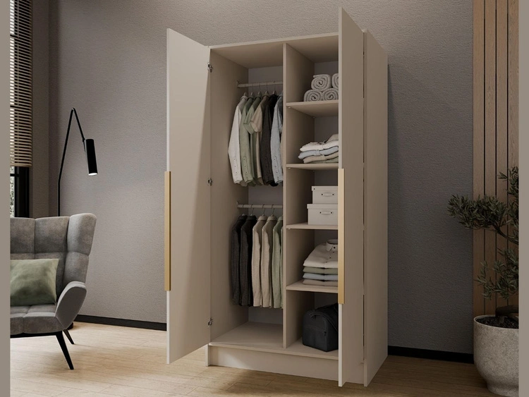 Kleiderschrank mit Spiegel 100 cm Lucca Kaschmir mit goldenen Griffen