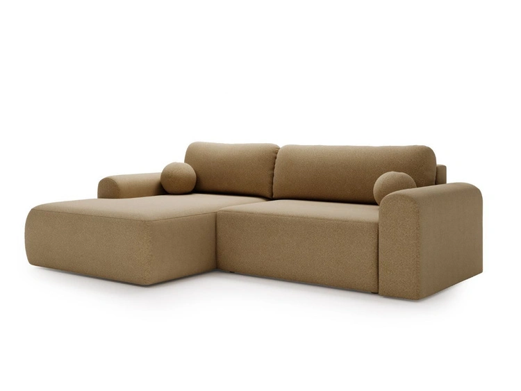 Ecksofa L-Form mit Schlaffunktion und Bettkasten Savana Links Bouclé-Stoff Hellbraun