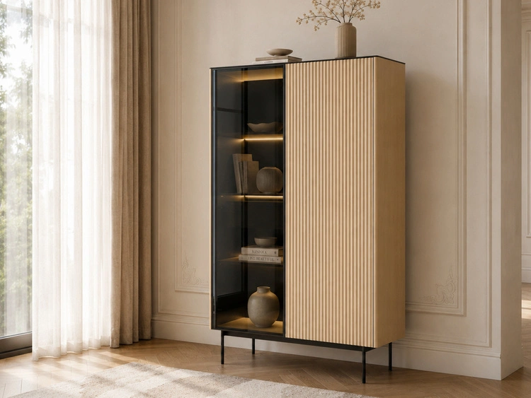 Standvitrine mit einer Glastür, LED-Beleuchtung und Schublade für das Wohnzimmer Auroé Eiche Vicenza