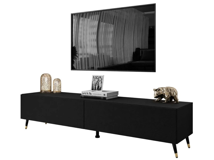 Zweittüriges TV-Lowboard auf schwarz-goldenen Beinen 175 cm mit LED-Beleuchtung Sorelle Schwarz matt