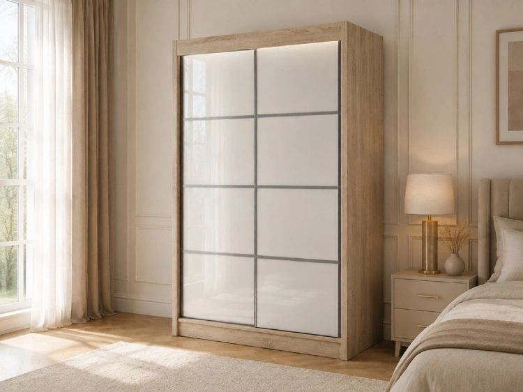 Schiebetürenschrank mit Sprossen 150 cm mit LED-Beleuchtung Ponti Eiche Sonoma, Weiß