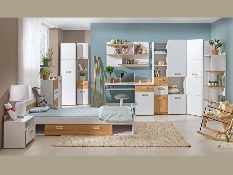 Kleiderschrank mit einer Tür 45 cm, mit Einlegeböden Lindo Weiß, Nash Eiche