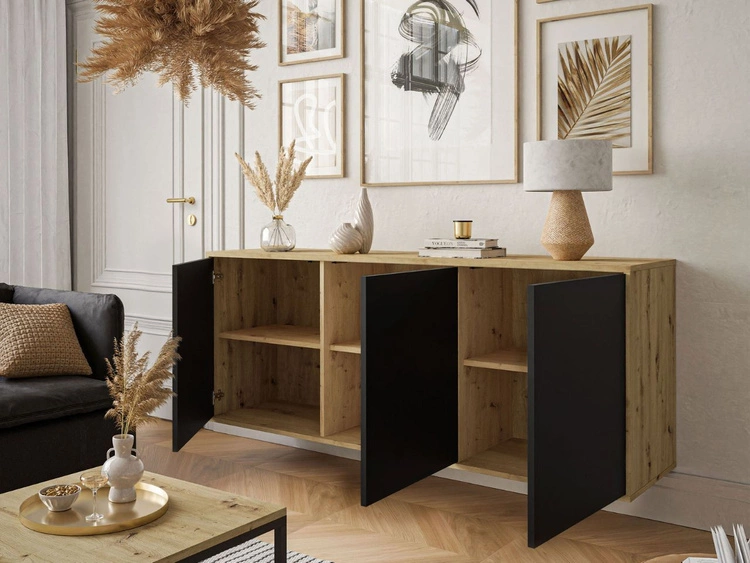 Dreitürige Hängekommode 154 cm im Loft-Stil – Vivance, Weiß matt & Eiche Artisan