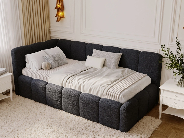 Jugendbett Einzelbett mit Bettkasten und Lattenrost 90x200 Cloud One Schwarz Bouclé-Stoff
