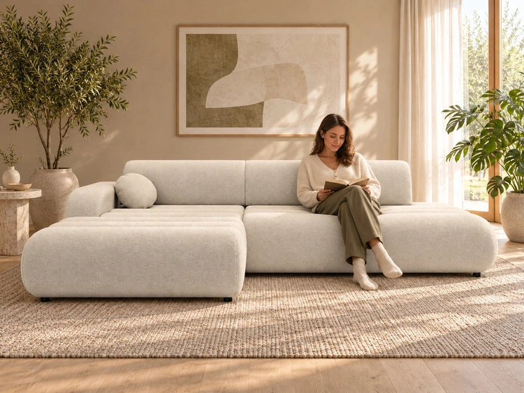 Ecksofa L-Form mit Schlaffunktion und Bettkasten Lisso Links Beige