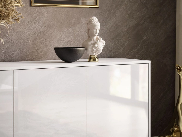 Dreitürige Kommode 154 cm Glamour-Stil auf goldfarbenen Metallbeinen Vivance Weißglanz