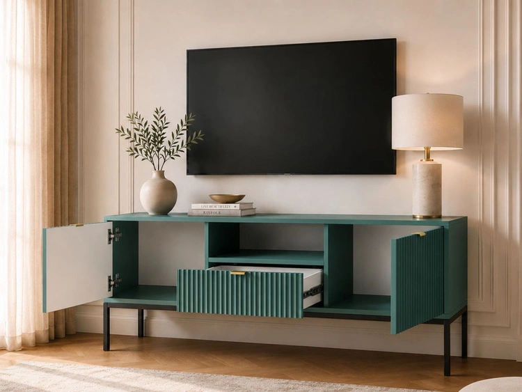 TV-Lowboard mit Schublade und Türen Amber Grün, Schwarz Frame