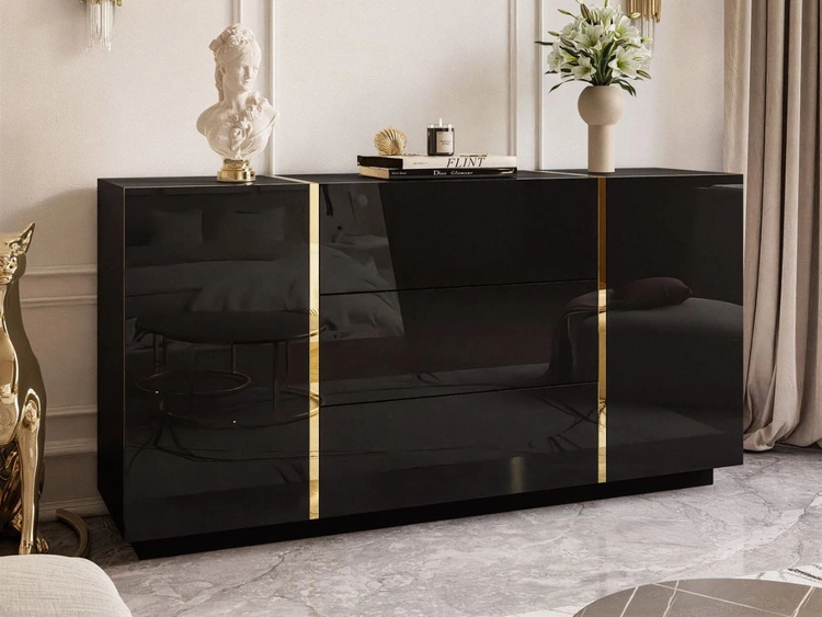 Wohnzimmer-Set im Glamour-Stil Lunelie Schwarz Hochglanz