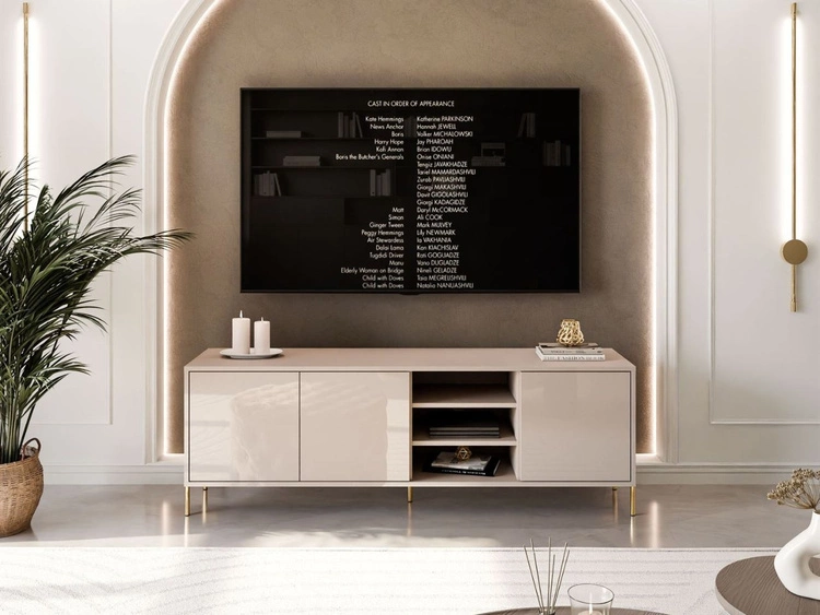 TV-Lowboard im Glamour-Stil mit Türen auf geraden goldenen Füßen Vivance, Kaschmir Hochglanz