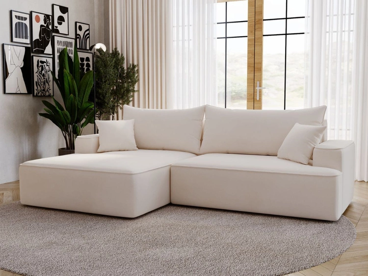 Ecksofa L-Form Links mit Schlaffunktion und Bettkasten California Creme