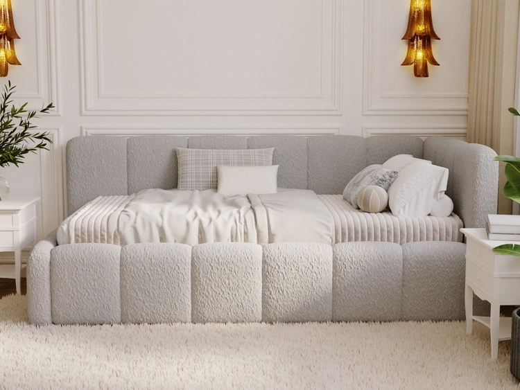 Jugendbett Einzelbett mit Bettkasten und Lattenrost 90x200 Cloud One Grau Bouclé-Stoff