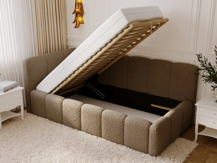 Jugendbett Einzelbett mit Bettkasten und Lattenrost 90x200 Cloud One Braun Bouclé-Stoff