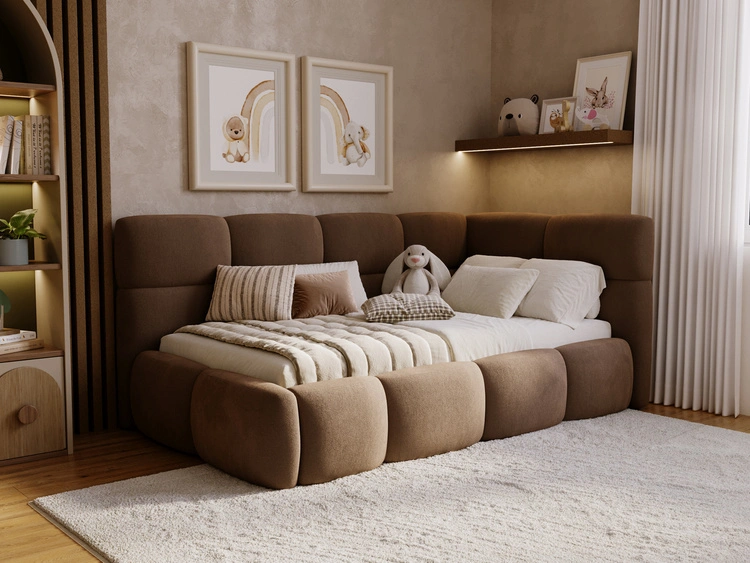 Gepolstertes Jugend-Einzelbett mit Bettkasten und Holzrost 90x200 Modo One Links Braun