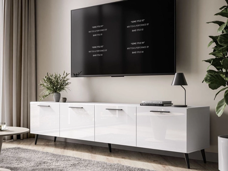 TV-Lowboard mit Türen auf Schwarzen Metallbeinen 200 cm Noaé Weiß Hochglanz