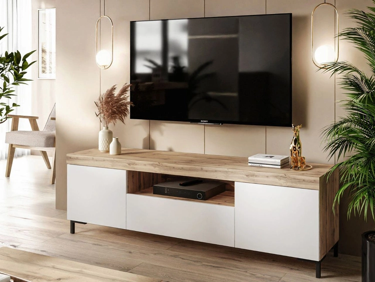 Wohnzimmer-Set – TV-Schrank und Kommode auf schwarzen Füßen Asumi Weiß und Eiche Wotan