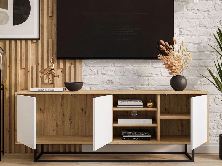 TV-Lowboard schwarzes Gestell Vivance Weiß und Eiche Artisan
