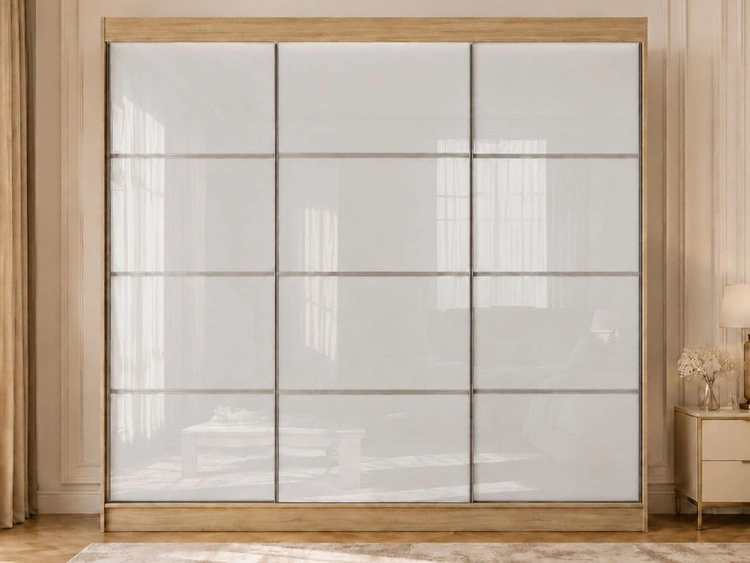 Schiebetürenschrank mit Sprossen 250 cm mit LED-Beleuchtung Ponti Eiche Sonoma, Weiß