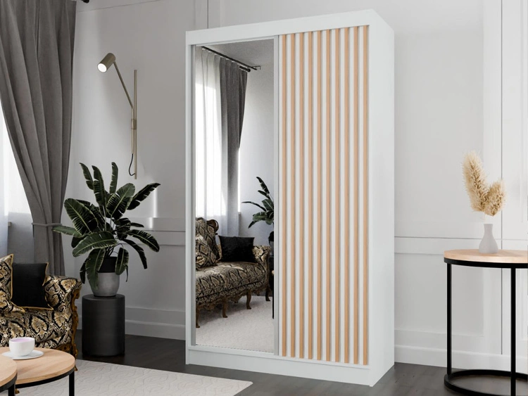 Schiebetürenschrank mit Spiegel und Lamellen 120 cm Loreto Weiß