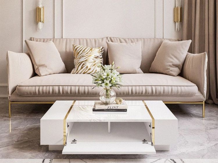 Wohnzimmer-Set mit goldenen Griffen im Glamour-Stil Lunelie Weiß Hochglanz