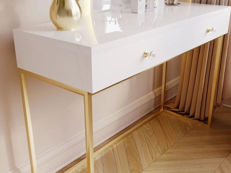 Schminktisch mit Schubladen Belleza Weiß Hochglanz Gold Frame