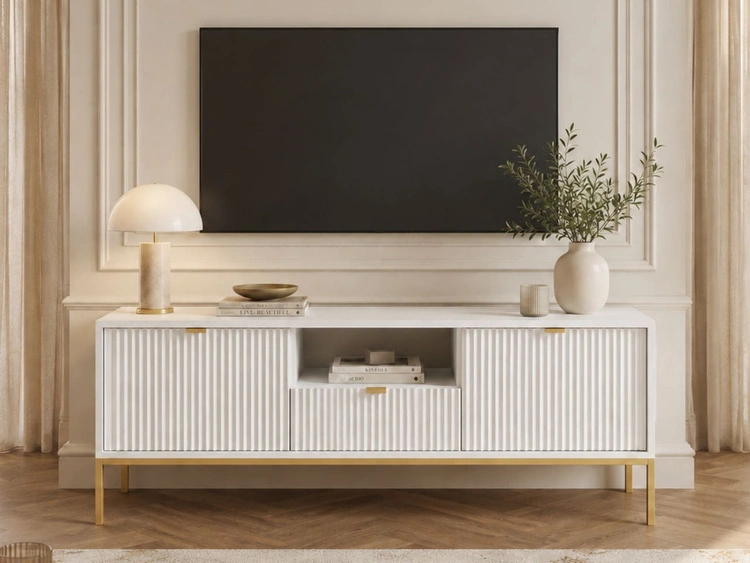 TV-Lowboard mit Schublade und Türen Amber Weiß, Gold Frame