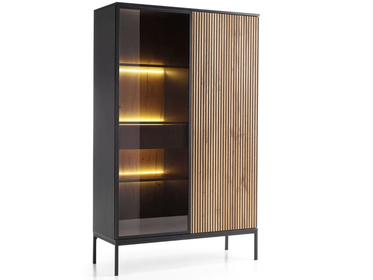 Vitrinenschrank mit Led Deo 166 cm Schwarz, EIche Wotan