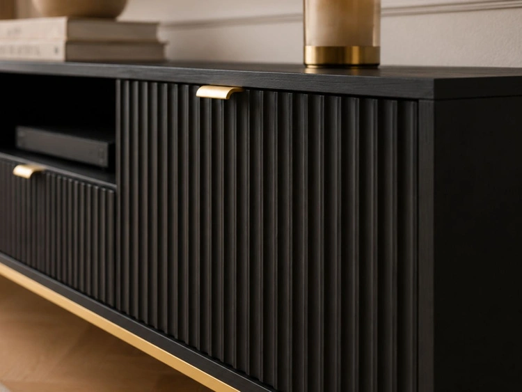 TV-Lowboard mit Schublade und Türen Amber Schwarz, Gold Frame