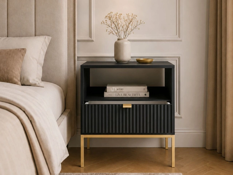 Nachtschrank mit Schublade Amber Schwarz, Gold Frame