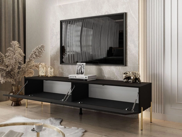TV-Lowboard mit zwei Türen auf golden Beinen 175 cm mit LED-Beleuchtung Sorelle Schwarz Matt