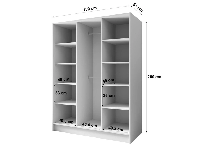 Kleiderschrank mit Spiegel 150 cm Lucca Weiß mit schwarzen Griffen
