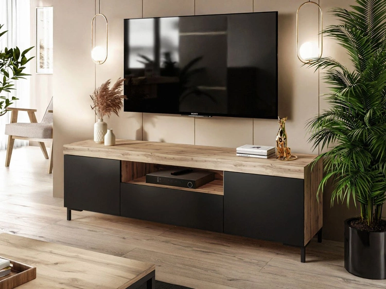 TV-Lowboard Asumi mit Türen und Schublade – Schwarz matt und Eiche Wotan