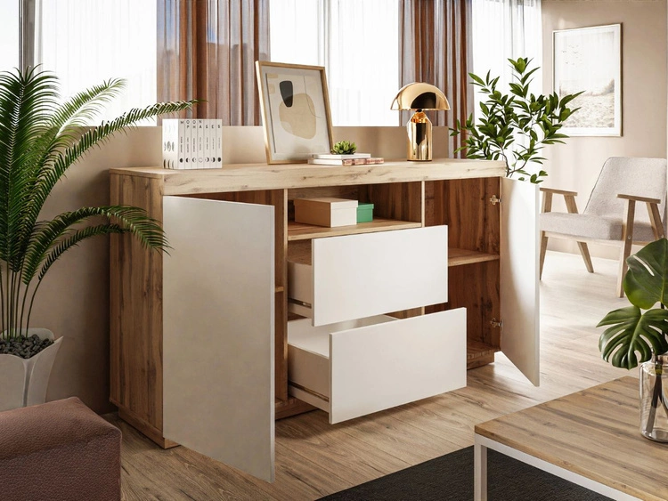 Wohnzimmer-Set im Loft-Stil Asumi Weiß und Eiche Wotan