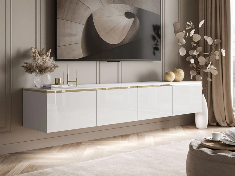 TV-Schrank zum Hängen im Glamour-Stil mit LED-Beleuchtung Celle Weiß Hochglanz