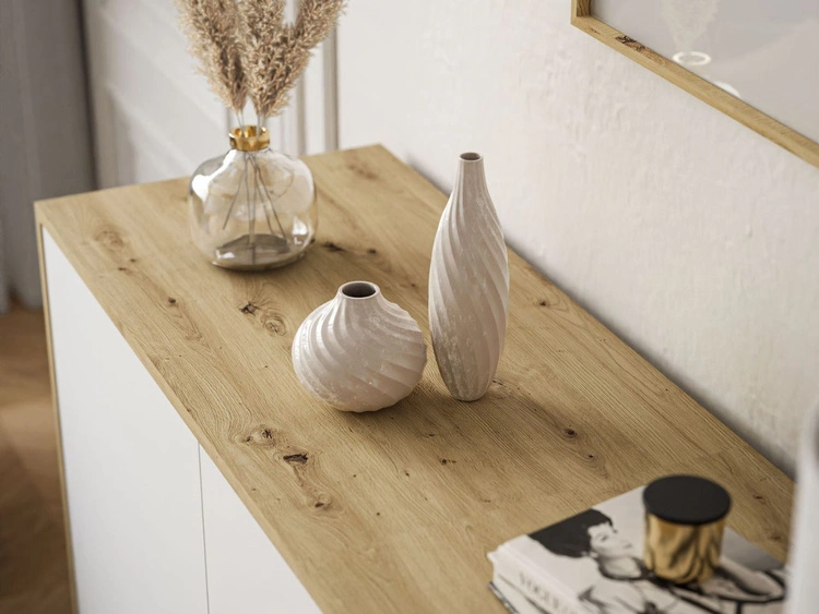 Dreitürige Kommode 154 cm im Loft-Stil auf weißem Gestell – Vivance, Weiß matt & Eiche Artisan
