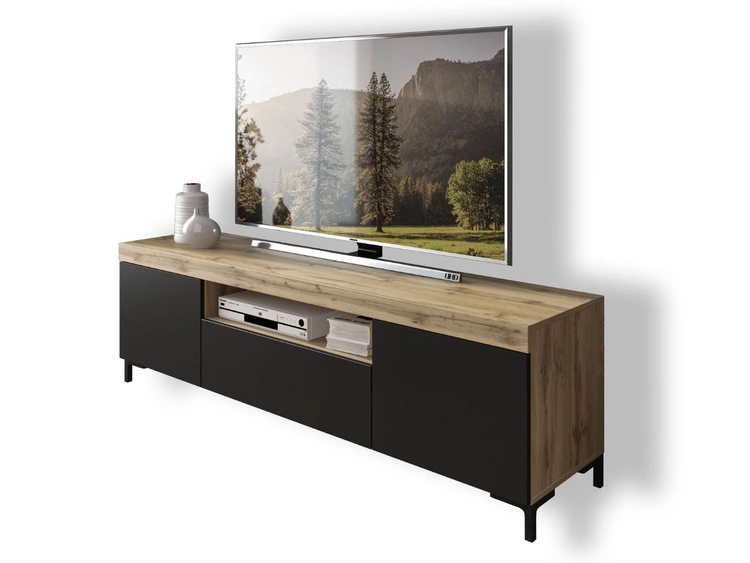 TV-Lowboard Asumi mit Türen und Schublade – Schwarz matt und Eiche Wotan