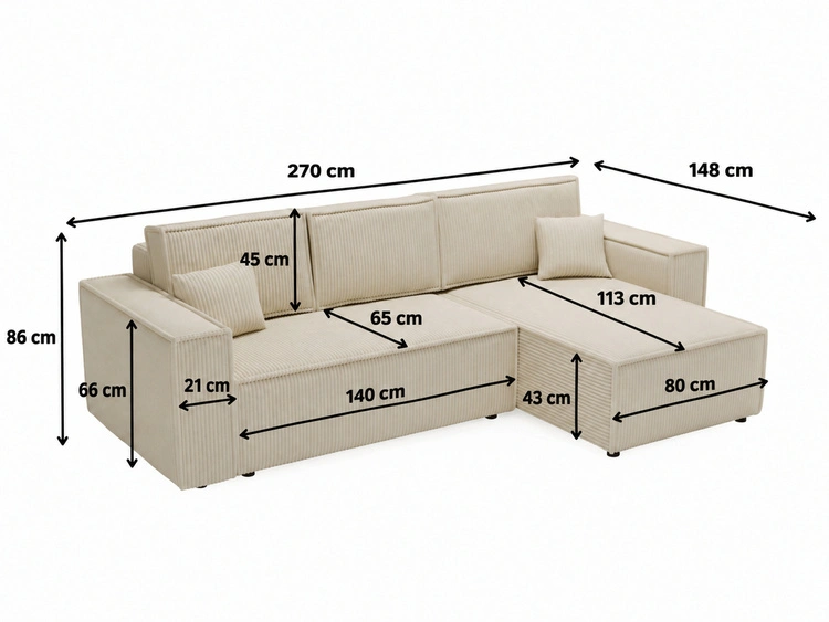 Ecksofa L-Form mit Schlaffunktion und Bettkasten Prato XL Beige