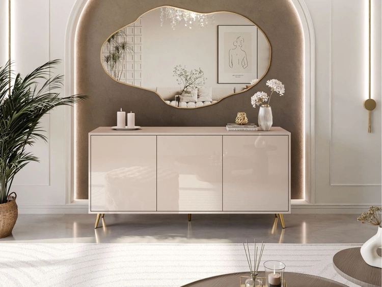 Dreitürige Kommode 154 cm Glamour-Stil auf goldfarbenen Metallbeinen Vivance Kaschmirglanz