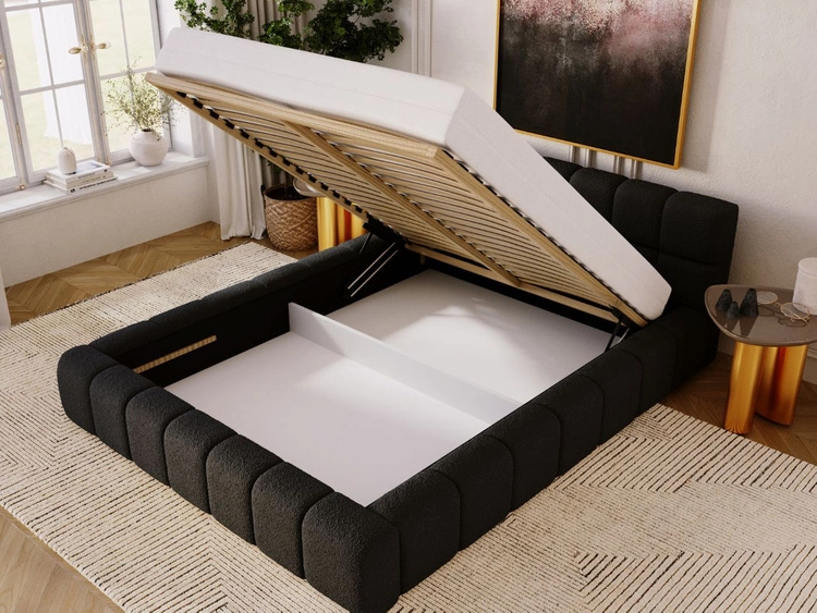 Polsterbett mit Bettkasten und Lattenrost 180x200 Alicante Boucle Schwarz